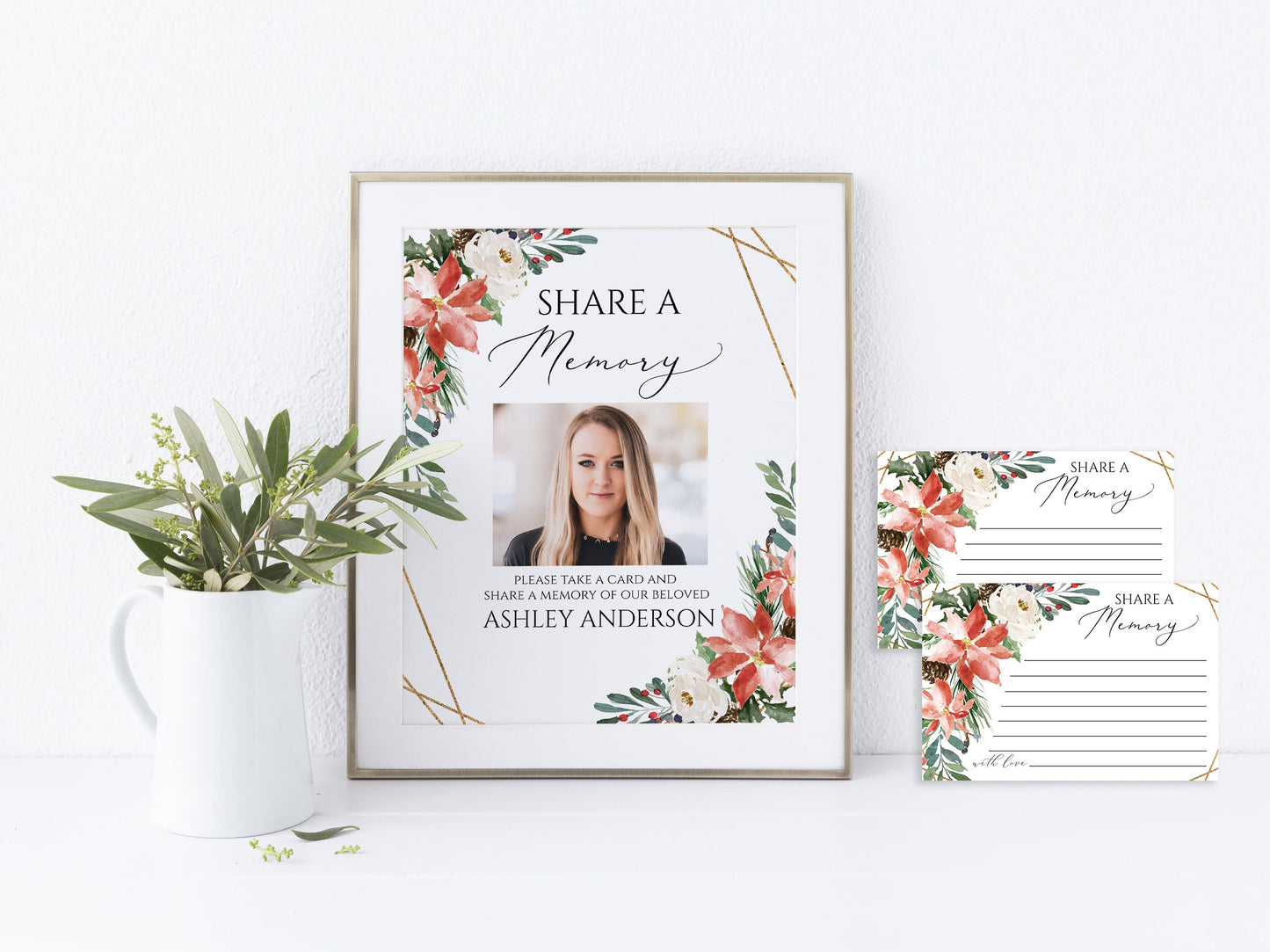 Christmas Winter Red Greenery Gold Share a Memory Funeral Sign Share a Memory Card Template, Printable Winter Funeral Memory Card, Winter Funeral share a memory