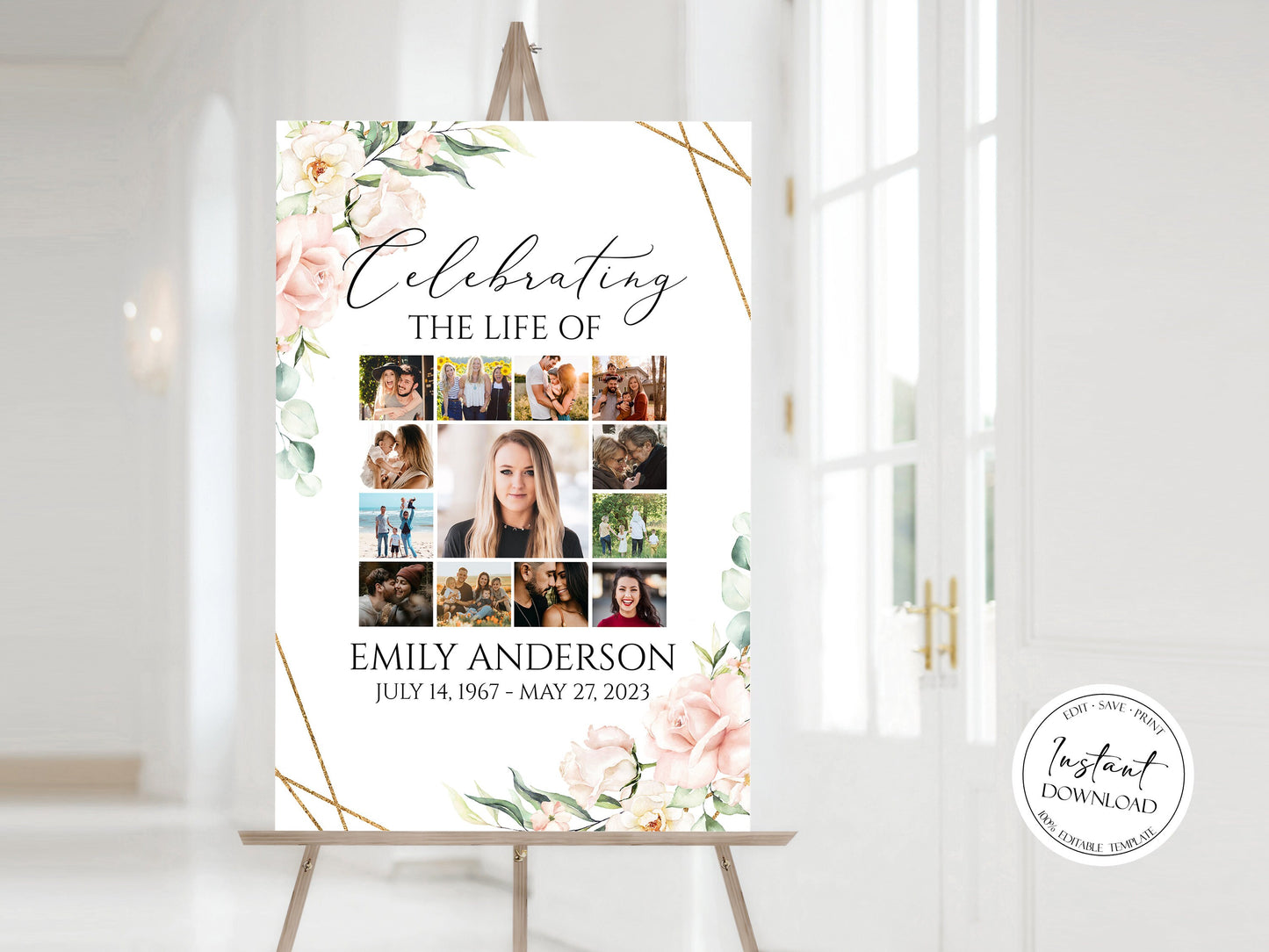 Celebration Of Life Photo Collage Funeral Welcome Sign, Blush Pink Flowers Photo Collage Funeral Poster, Photo Collage Memorial Sign P4