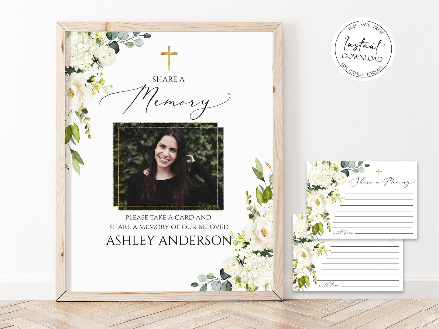 White Greenery Floral Gold Cross Share a Memory Funeral Sign and Share a Memory Card Template, Editable Gold Cross Funeral share a memory, Instant Download