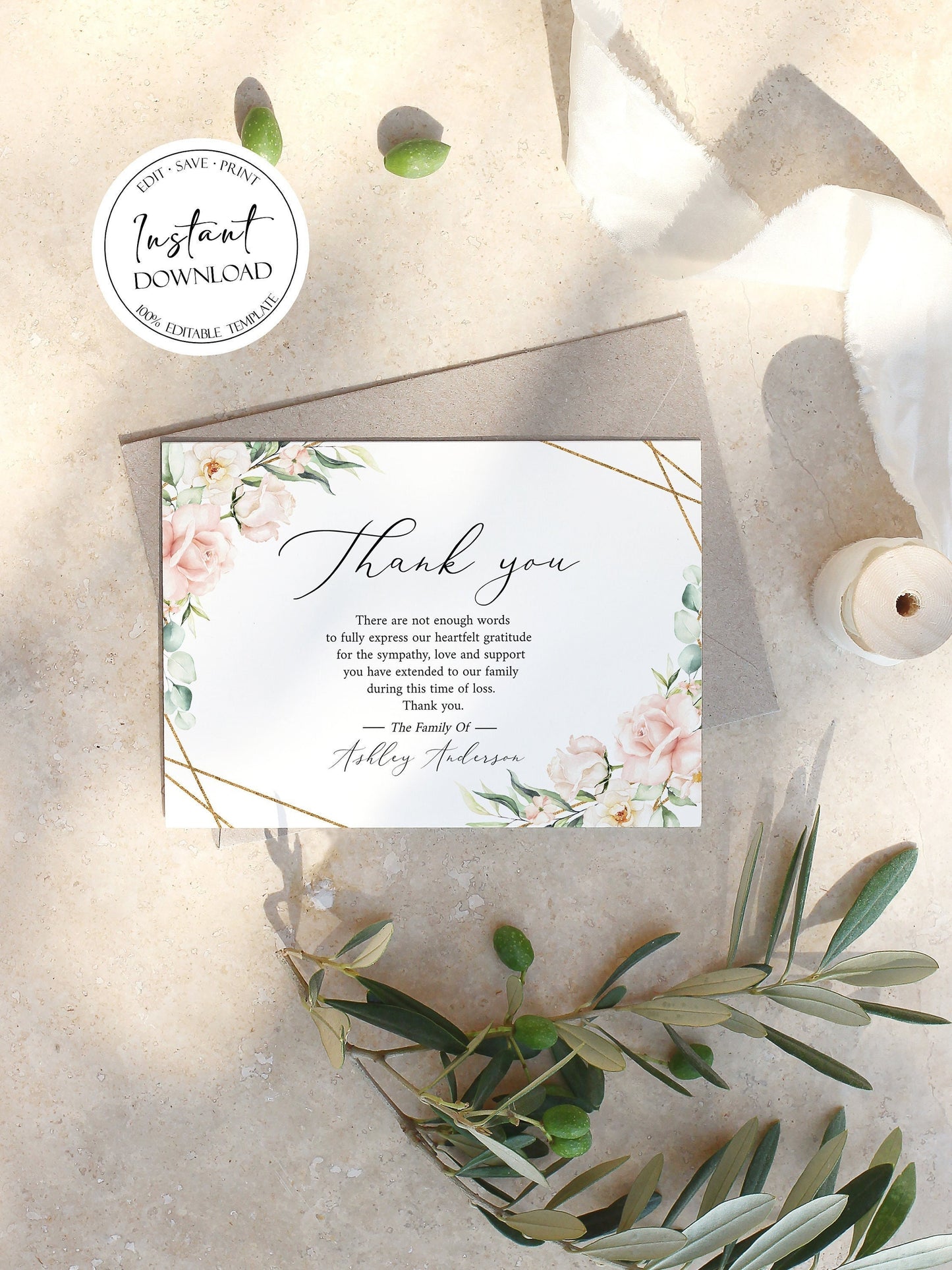 Blush Pink Funeral Thank You Card Template, Celebration of life Printable Pink Roses Greenery Funeral Photo Thank You Cards Sympathy Card P4