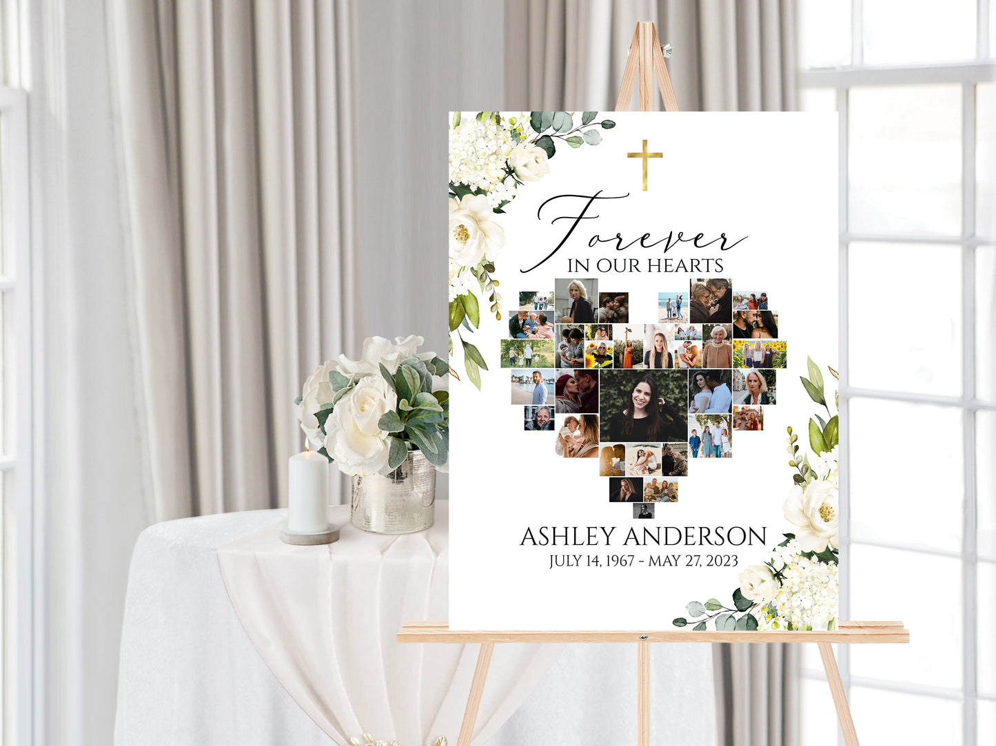 Forever in our Hearts White Greenery Floral Gold Cross Heart Photo Collage Funeral Welcome Sign Template, Editable White Greenery Cross Heart Funeral Poster Heart Memorial Sign