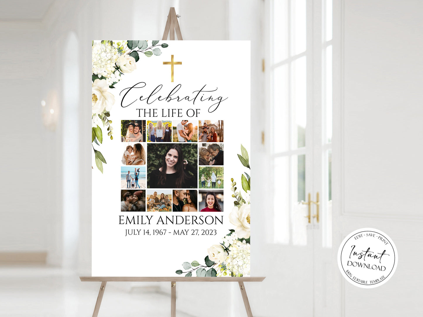 Celebration Of Life White Greenery Floral Gold Cross Photo Collage Funeral Welcome Sign Template Editable White Greenery Collage Funeral Poster, Cross Photo Memorial Sign