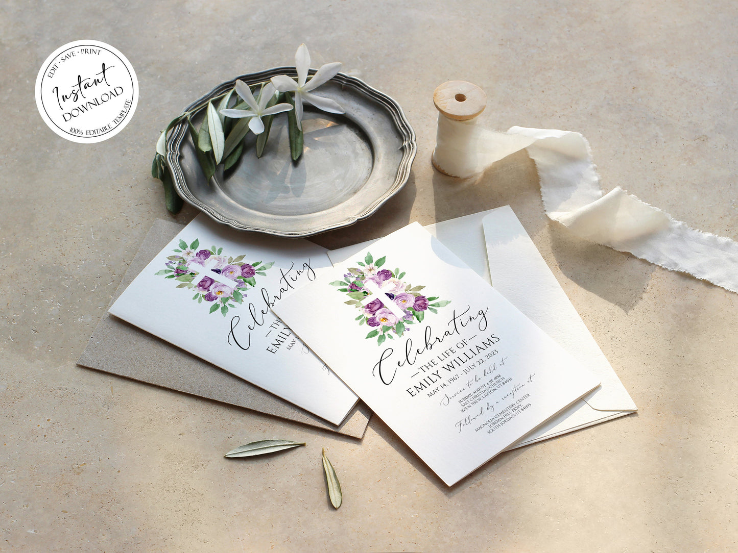 Celebration of life Invitation, Purple Flower Cross Funeral Invitation, Purple Funeral Announcement Card Template Memorial Service Invite P1