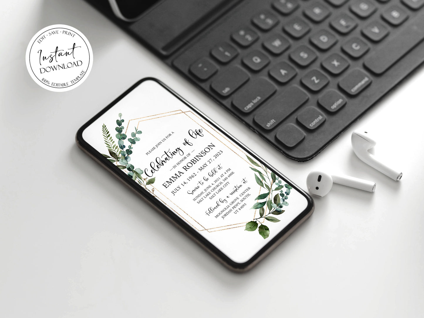 Celebration of life Watercolor Greenery Gold Digital Funeral Invitation Template, Funeral Announcement Electronic Funeral Invite Memorial Service Evite Q1