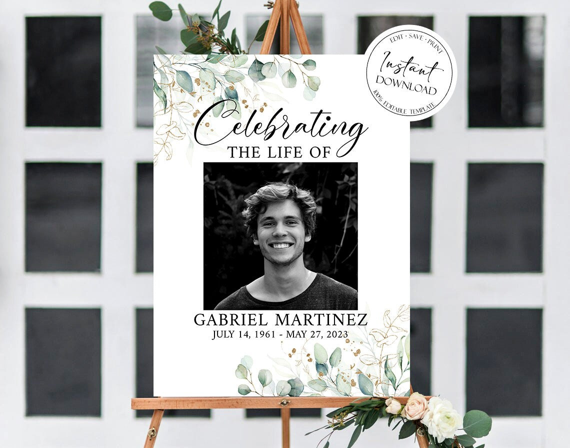 Editable Celebration Of Life Watercolor Greenery Gold Funeral Welcome Sign Template Large Funeral Sign, Funeral Sign Poster, Funeral Decoration G1
