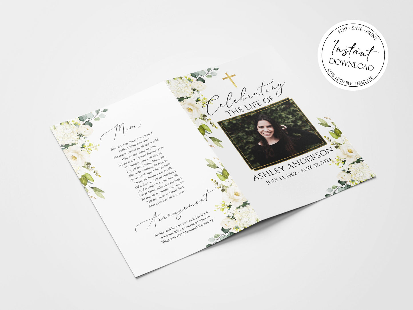 Celebration of Life White Greenery Floral Gold Cross Funeral Program Template, White Greenery Funeral Memorial Program, Printable Gold Cross Funeral Program for woman
