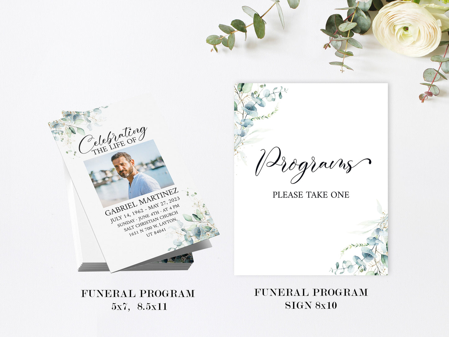 Celebration of Life Watercolor Greenery Gold Funeral Bundle, Greenery Memorial Package, Celebration of Life Package, In Loving Memory Suite Eucalyptus Funeral Set G1