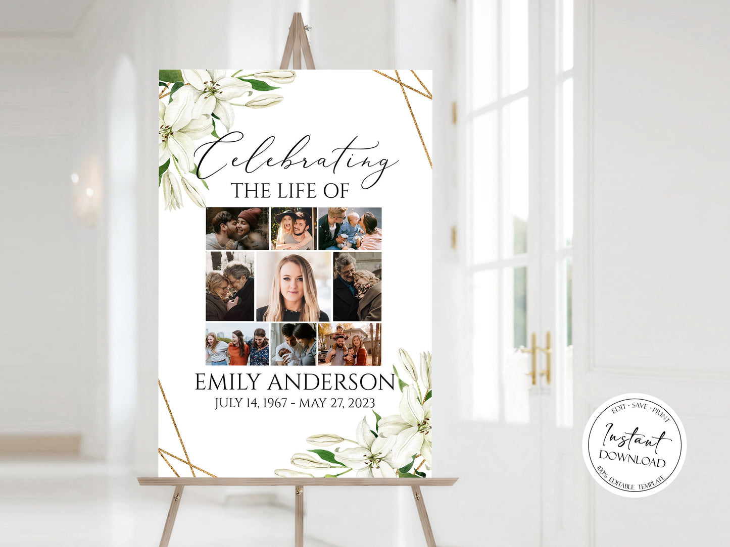 Celebration Of Life White Lilies Greenery Gold Photo Collage Funeral Welcome Sign Template, Editable White Lilies Photo Collage Funeral Poster, Photo Memorial Sign