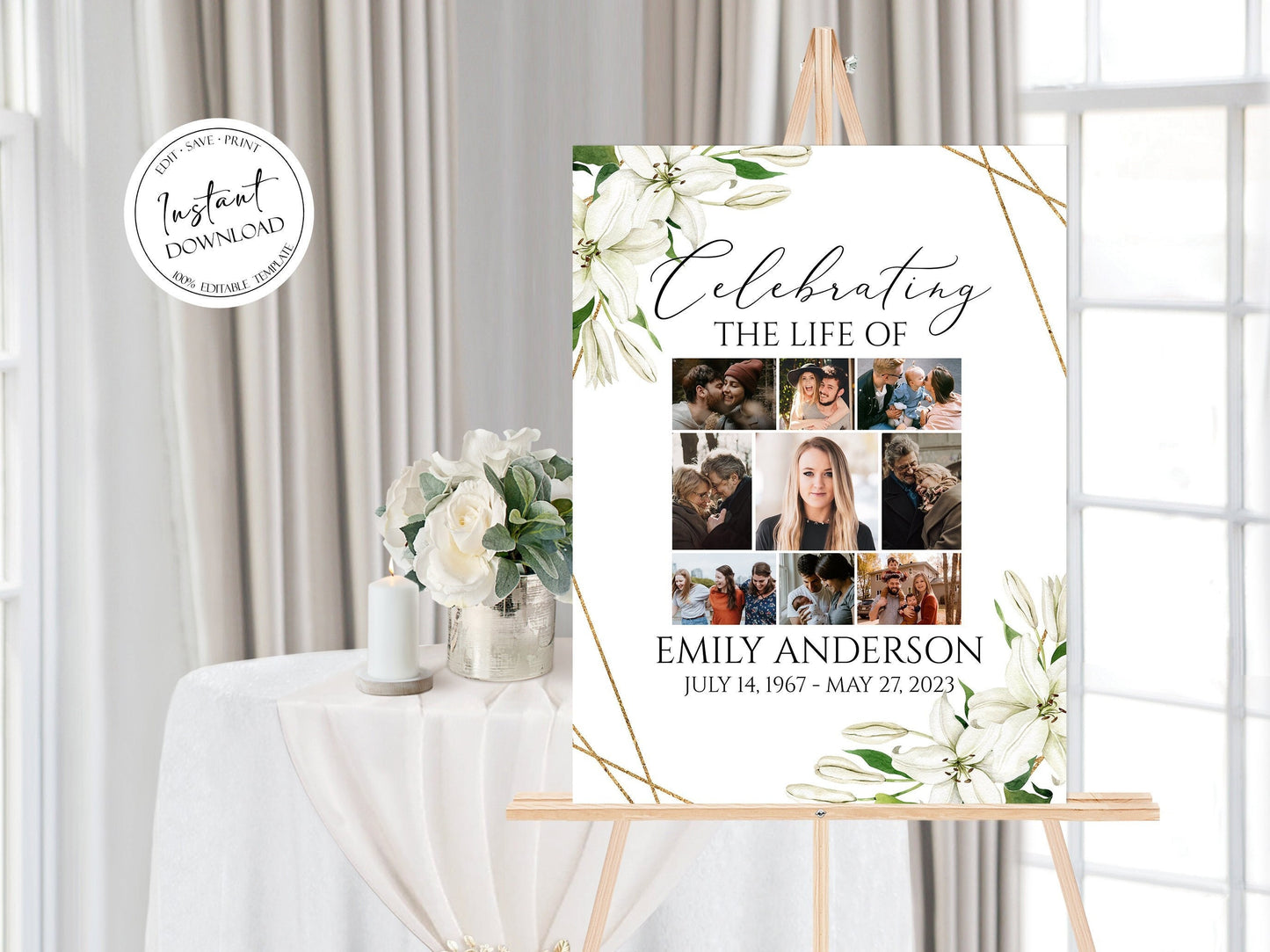 Celebration Of Life White Lilies Greenery Gold Photo Collage Funeral Welcome Sign Template, Editable White Lilies Photo Collage Funeral Poster, Photo Memorial Sign