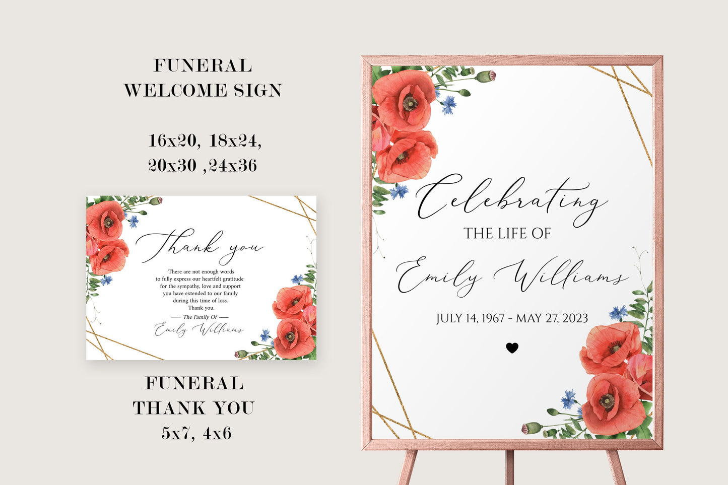 Celebration of Life Red Poppies Greenery Funeral Bundle, Red Poppies Memorial Package, Celebration of Life Package, In Loving Memory Suite, Red Poppies Funeral Set
