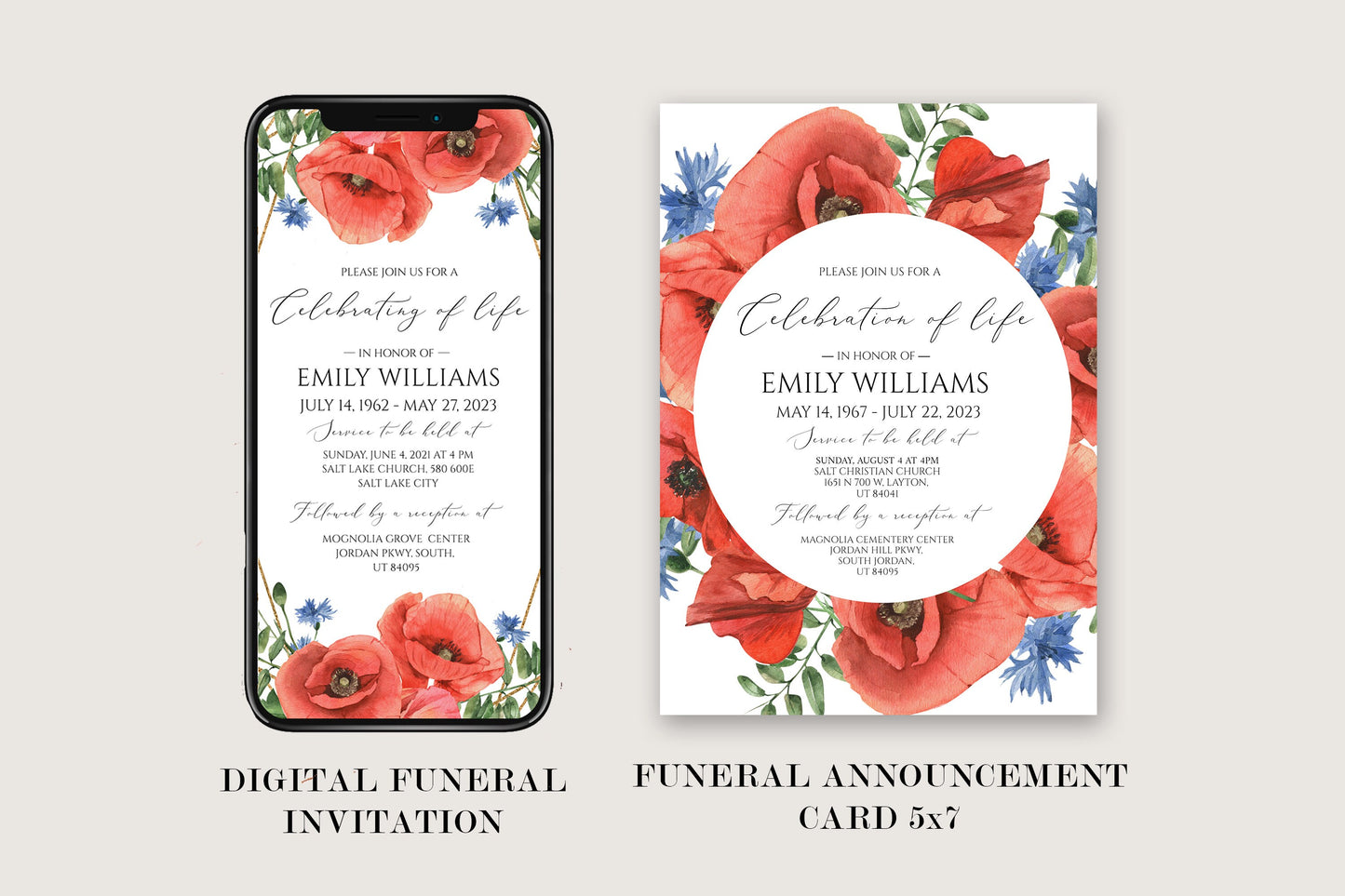 Celebration of Life Red Poppies Greenery Funeral Bundle, Red Poppies Memorial Package, Celebration of Life Package, In Loving Memory Suite, Red Poppies Funeral Set