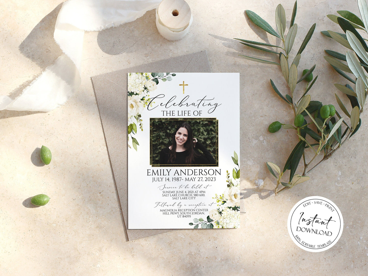 Celebration of life White Greenery Floral Gold Cross Funeral Invitation Template, Funeral Announcement, Printable White Greenery Floral Gold Cross Memorial Service Invitation