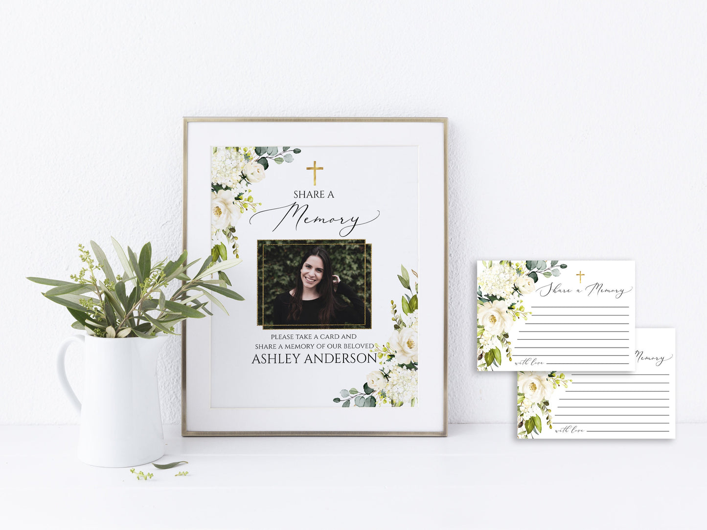 White Greenery Floral Gold Cross Share a Memory Funeral Sign and Share a Memory Card Template, Editable Gold Cross Funeral share a memory, Instant Download