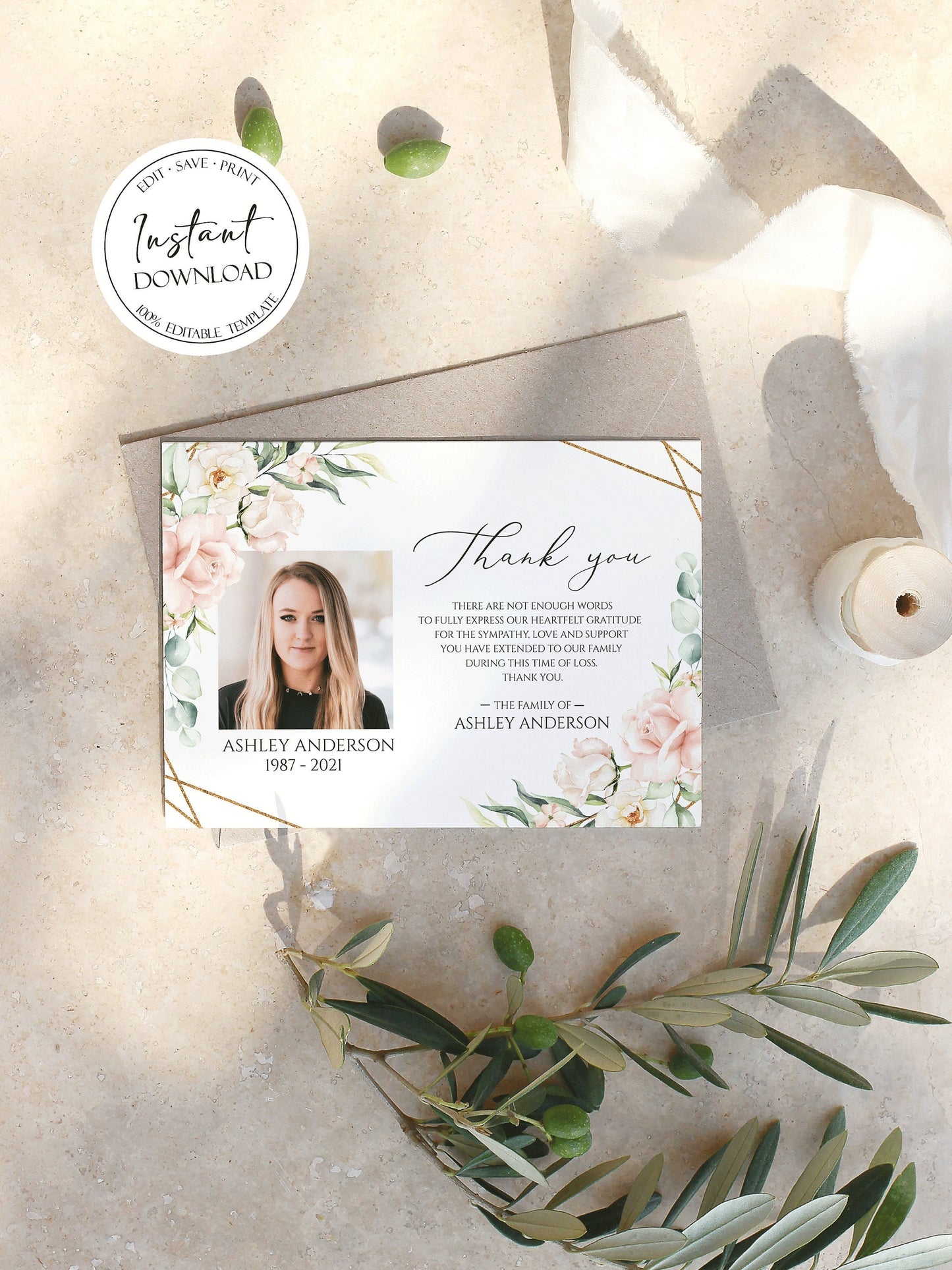 Celebration of life Blush Pink Roses Funeral Photo Thank You Card Template P4