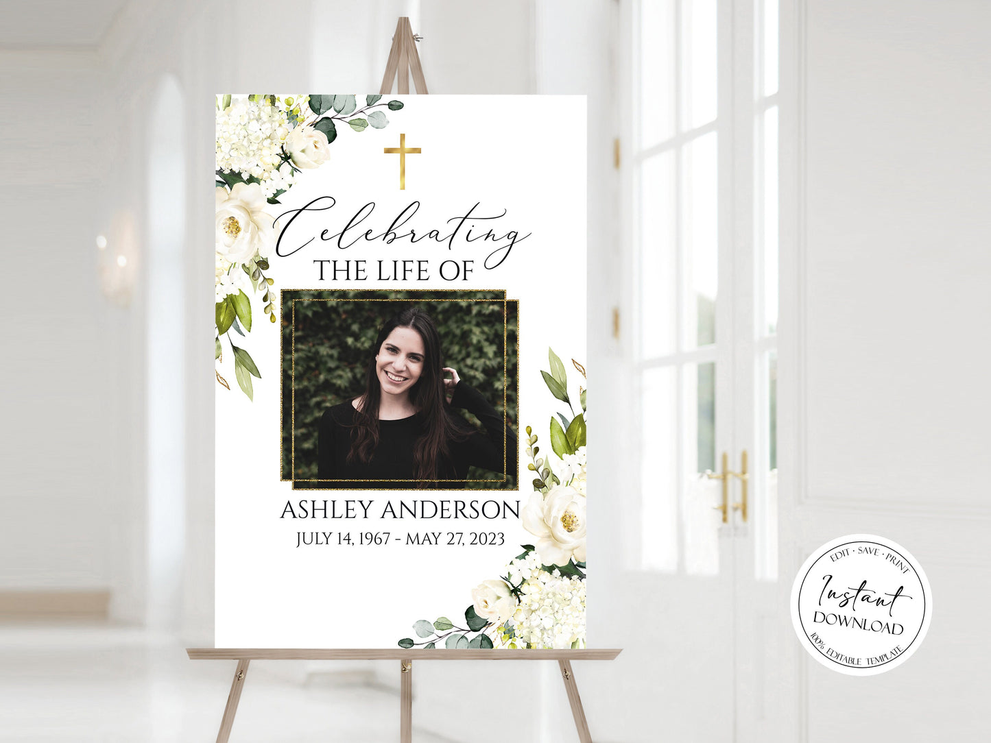 Celebration Of Life White Greenery Floral Gold Cross Funeral Welcome Sign Template Gold Cross Memorial Sign, Memorial Poster, Editable Funeral Poster