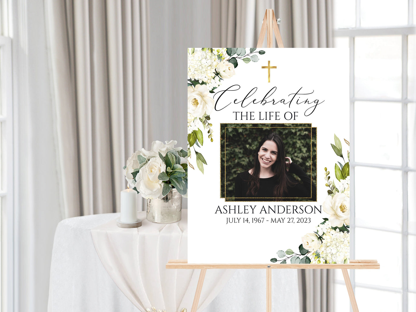 Celebration Of Life White Greenery Floral Gold Cross Funeral Welcome Sign Template Gold Cross Memorial Sign, Memorial Poster, Editable Funeral Poster