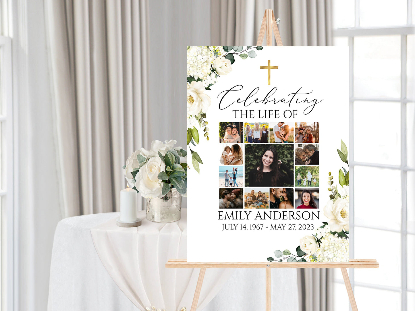 Celebration Of Life White Greenery Floral Gold Cross Photo Collage Funeral Welcome Sign Template Editable White Greenery Collage Funeral Poster, Cross Photo Memorial Sign