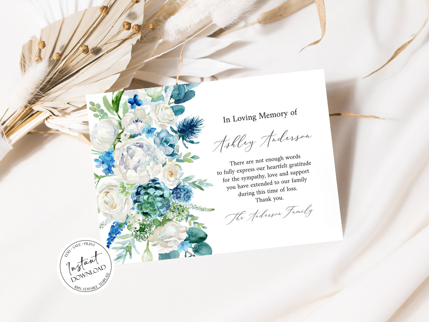 In loving memory Blue White Floral Funeral Thank You Card Template Blue Flowers Funeral Thank You, Printable Memorial Card, Editable Sympathy Card B1