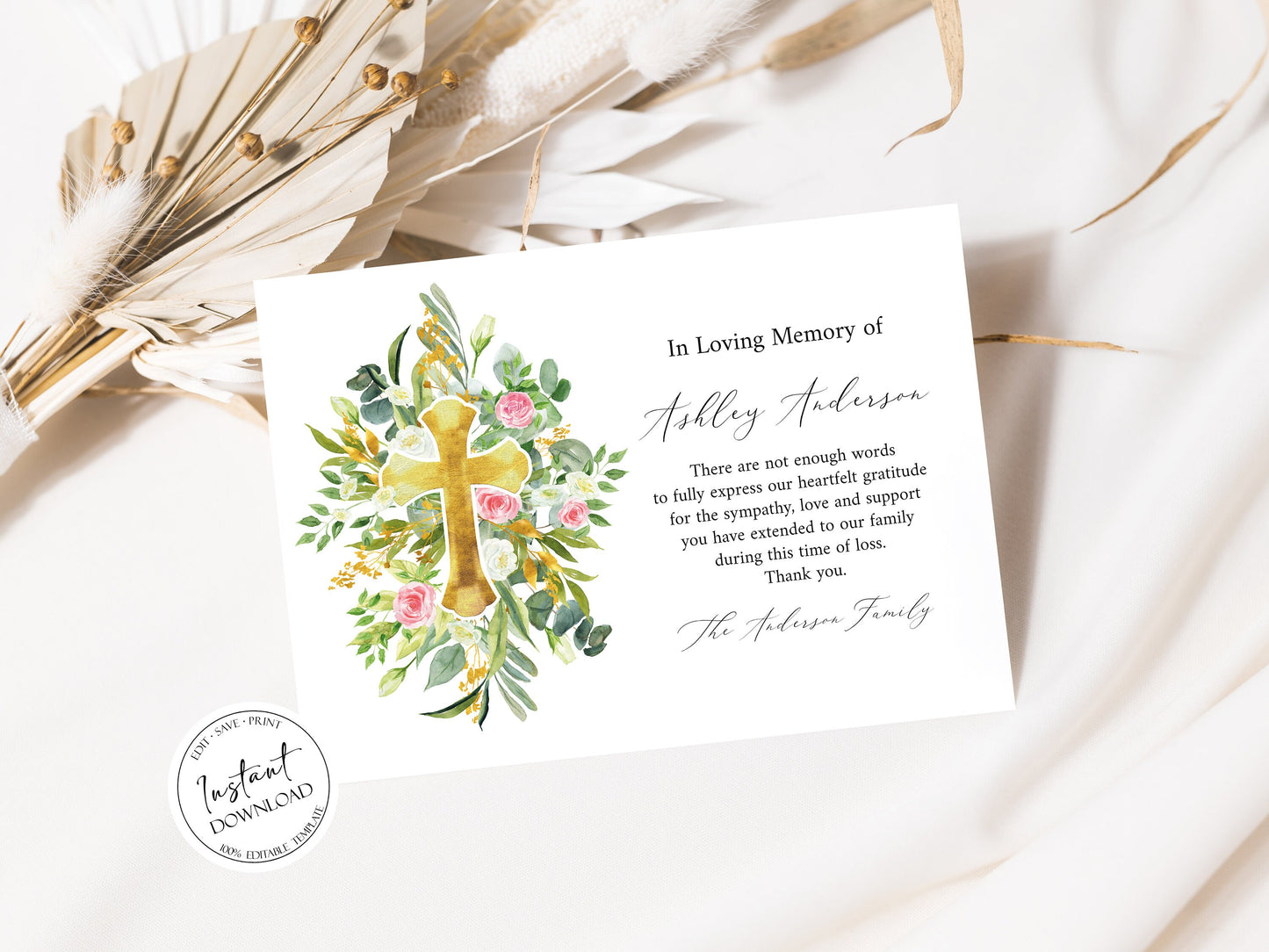 In Loving Memory Of Watercolor Greenery Gold Cross Funeral Thank You Card Template, Printable Watercolor Greenery Cross Memorial Card, Editable Sympathy Card