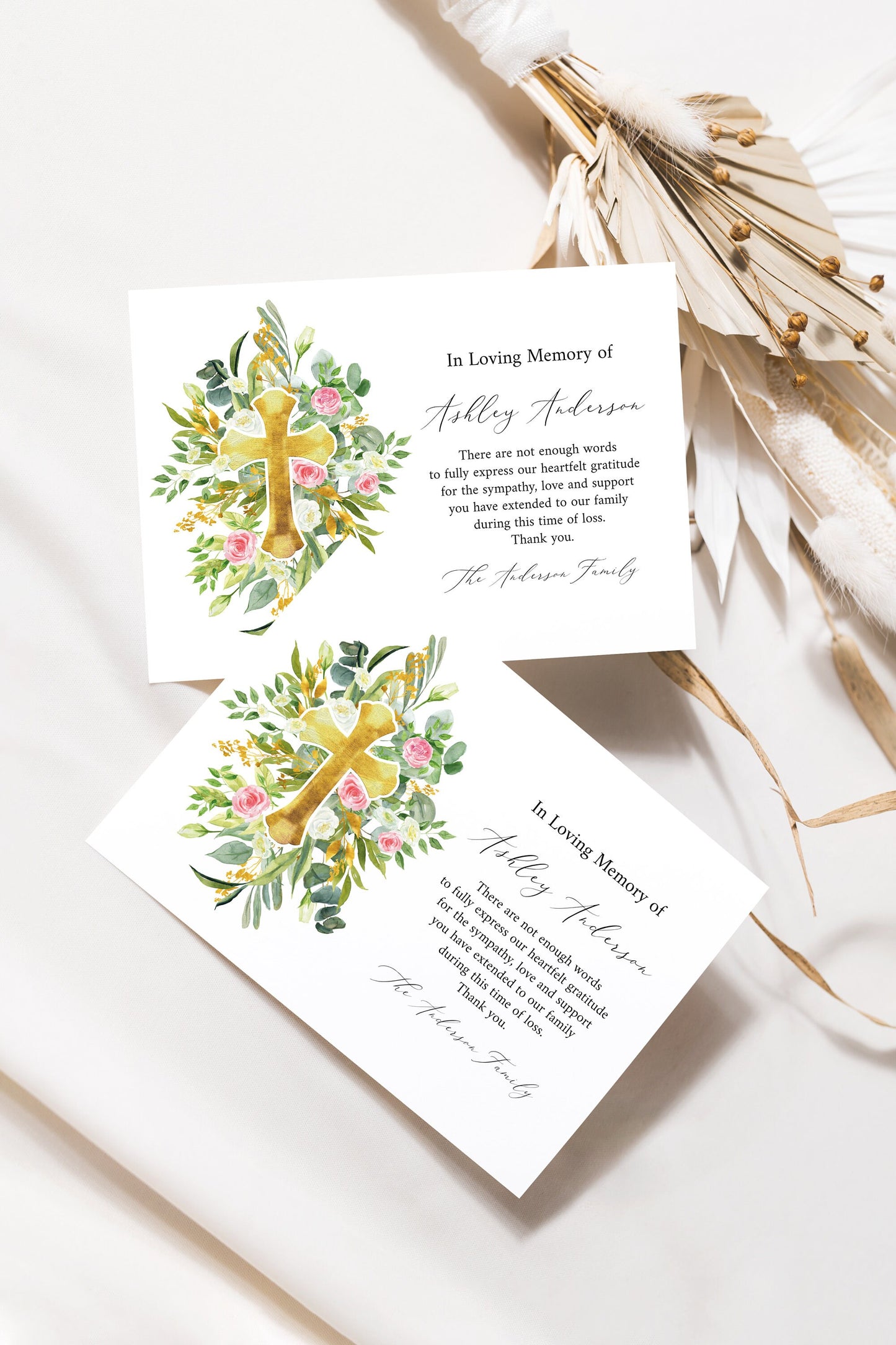 In Loving Memory Of Watercolor Greenery Gold Cross Funeral Thank You Card Template, Printable Watercolor Greenery Cross Memorial Card, Editable Sympathy Card