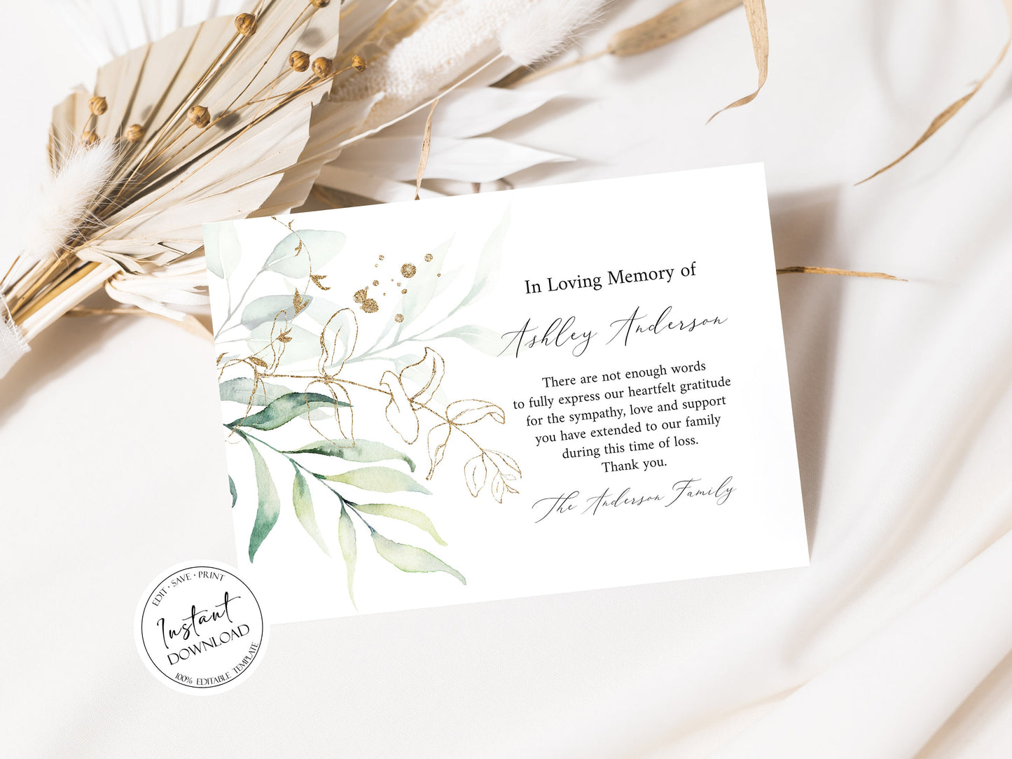 In Loving Memory Watercolor Greenery Gold Funeral Thank You Card Template , Memorial Thank you, Printable Editable Sympathy Card Condolence thank G1