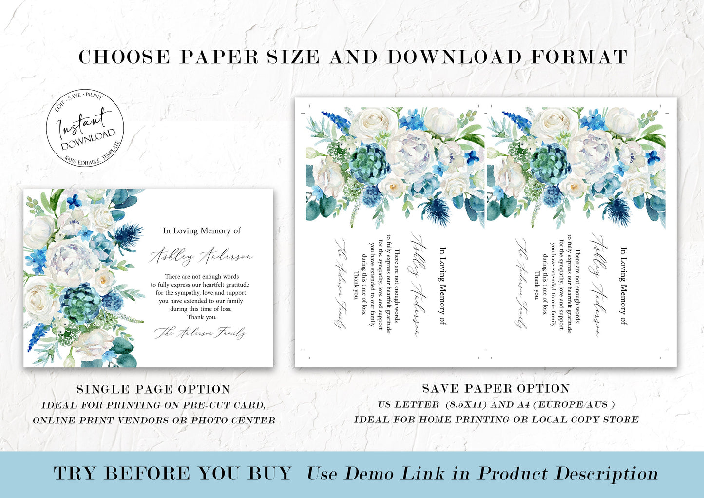 In loving memory Blue White Floral Funeral Thank You Card Template Blue Flowers Funeral Thank You, Printable Memorial Card, Editable Sympathy Card B1