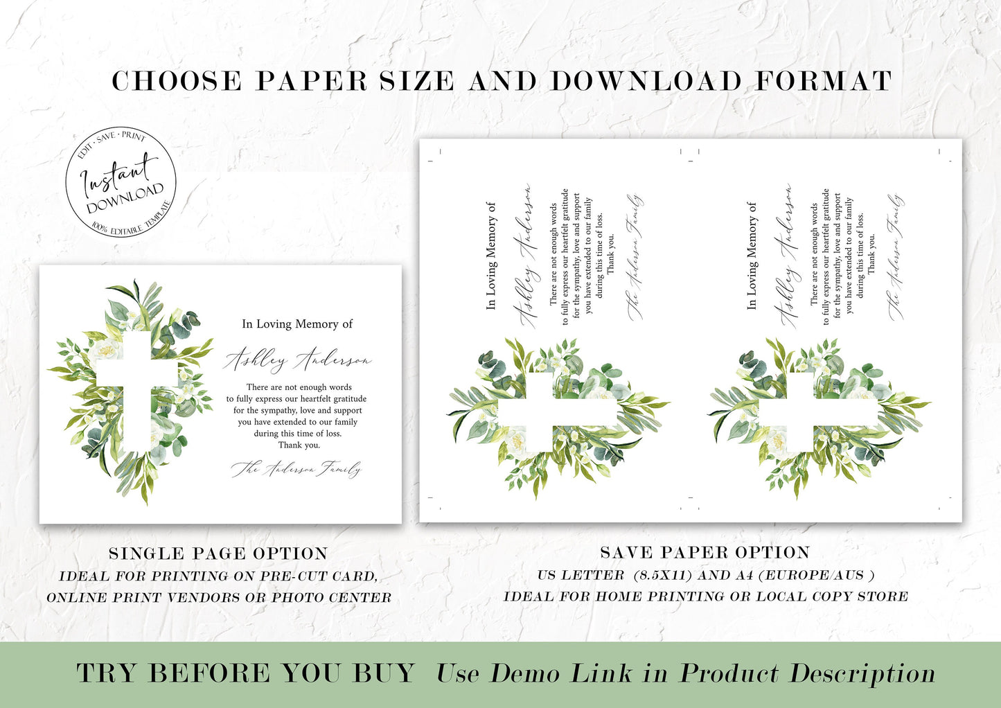 In Loving Memory Of Watercolor Greenery Cross Funeral Thank You Card Template, Printable Watercolor Greenery Cross Memorial Card, Editable Sympathy Card