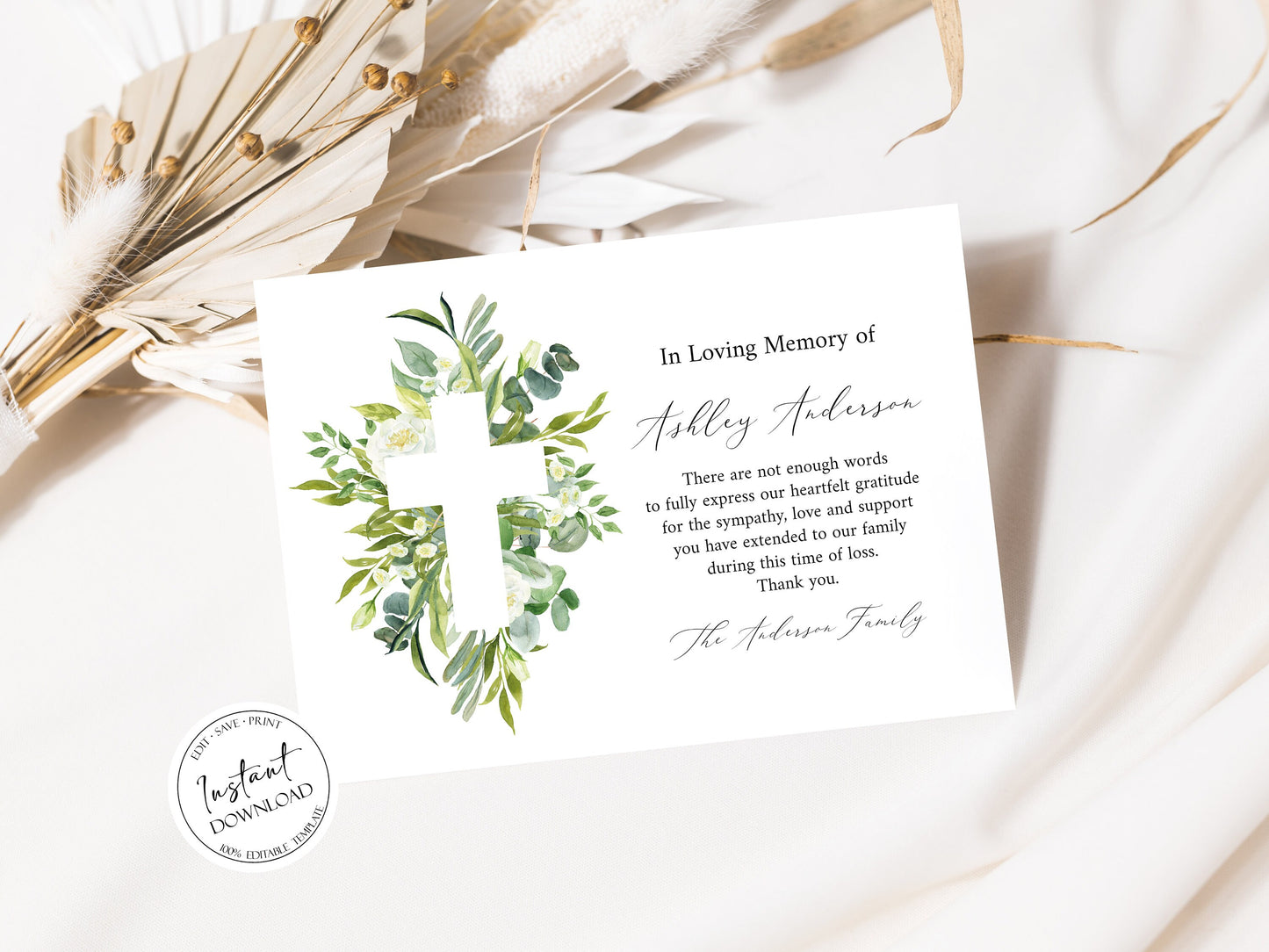 In Loving Memory Of Watercolor Greenery Cross Funeral Thank You Card Template, Printable Watercolor Greenery Cross Memorial Card, Editable Sympathy Card