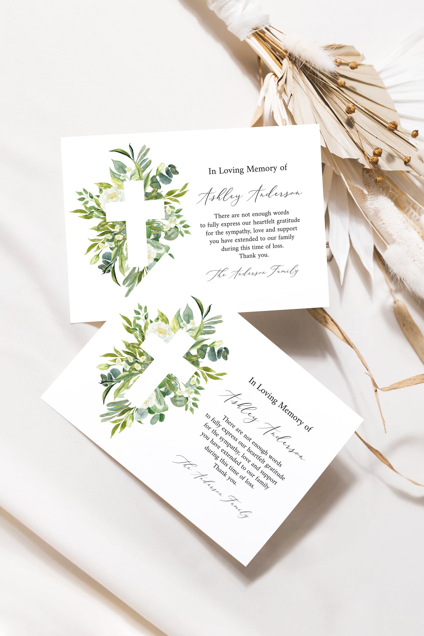 In Loving Memory Of Watercolor Greenery Cross Funeral Thank You Card Template, Printable Watercolor Greenery Cross Memorial Card, Editable Sympathy Card