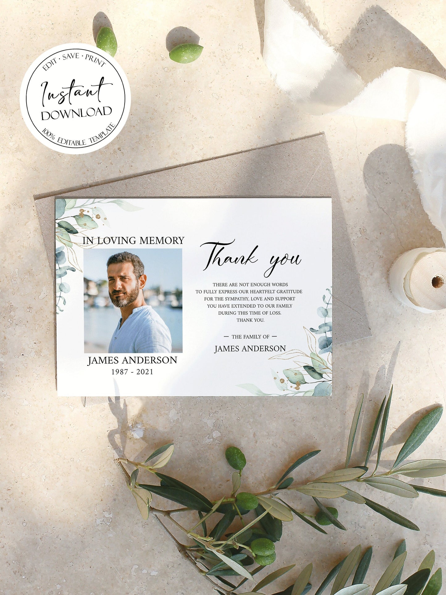 Celebration of life Watercolor Greenery Gold Funeral Photo Thank You Card Template Greenery Memorial Thank you, Printable Thank You Cards, Sympathy Card, Condolence Thank You Card G1