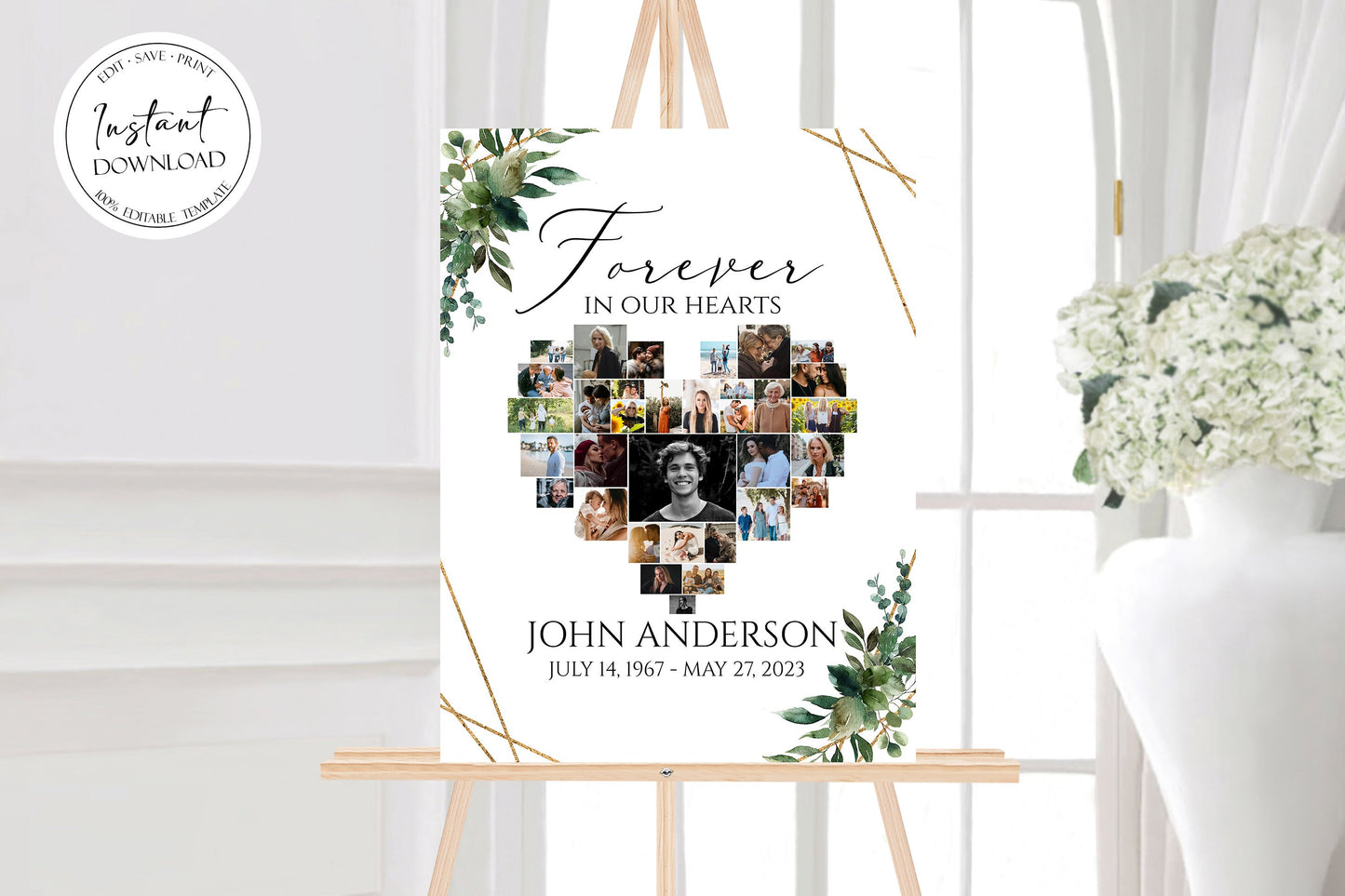 Forever in our Hearts Watercolor Greenery Gold Heart Photo Collage Funeral Welcome Sign Template, Editable Heart Photo Collage Funeral Poster, Greenery Heart Memorial Sign Q1