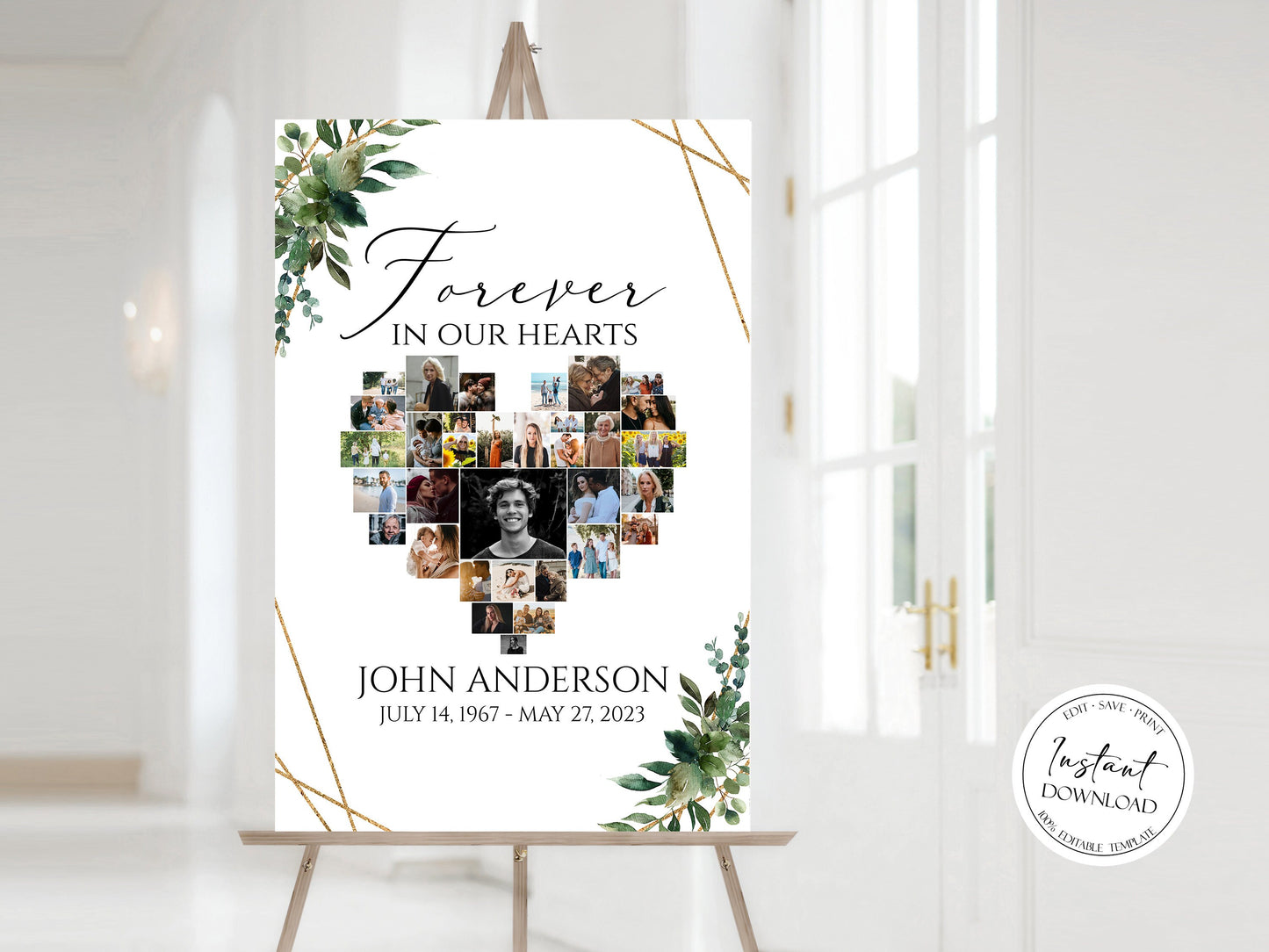 Forever in our Hearts Watercolor Greenery Gold Heart Photo Collage Funeral Welcome Sign Template, Editable Heart Photo Collage Funeral Poster, Greenery Heart Memorial Sign Q1