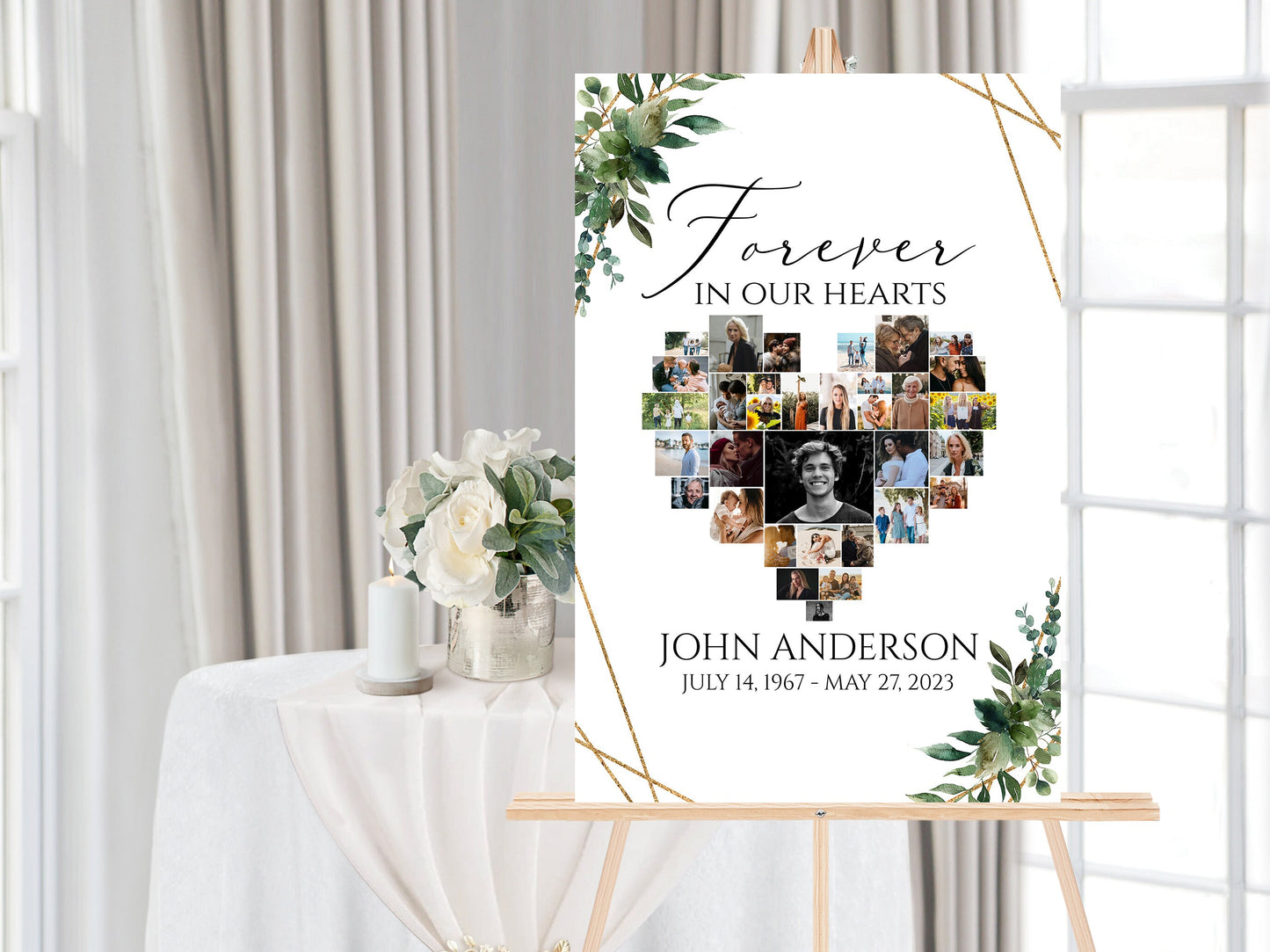 Forever in our Hearts Watercolor Greenery Gold Heart Photo Collage Funeral Welcome Sign Template, Editable Heart Photo Collage Funeral Poster, Greenery Heart Memorial Sign Q1