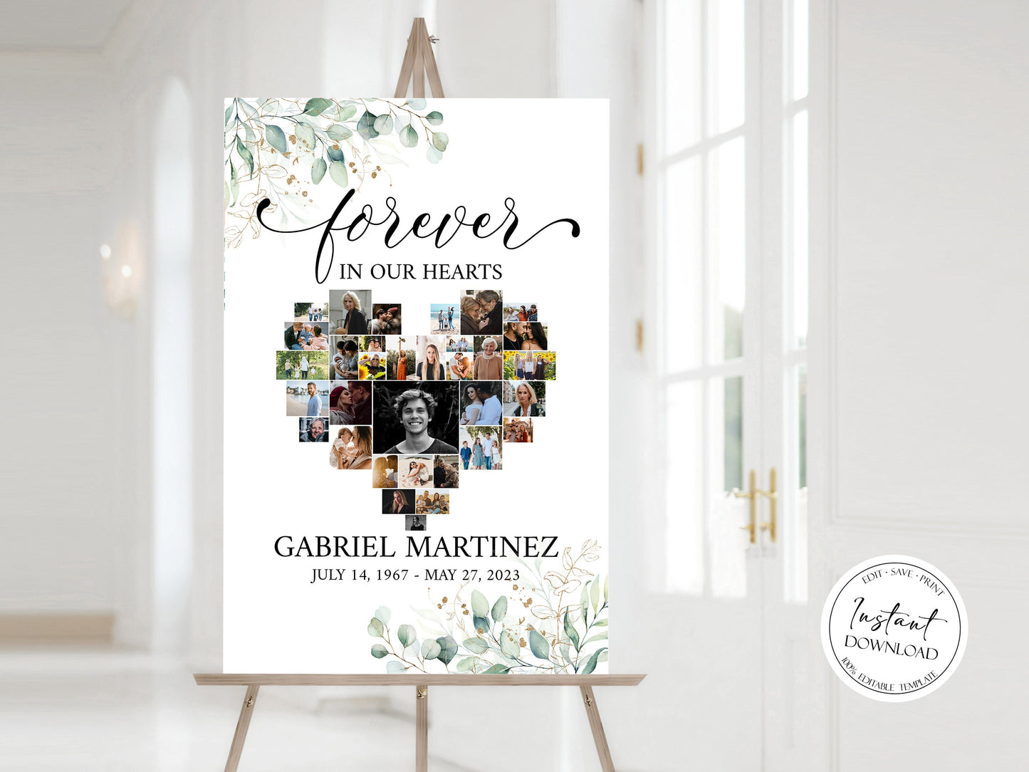 Celebration Of Life Forever in our Hearts Watercolor Greenery Gold Heart Photo Collage Funeral Welcome Sign Template, Editable Greenery Heart Funeral Photo Collage Poster, Memorial Sign G1
