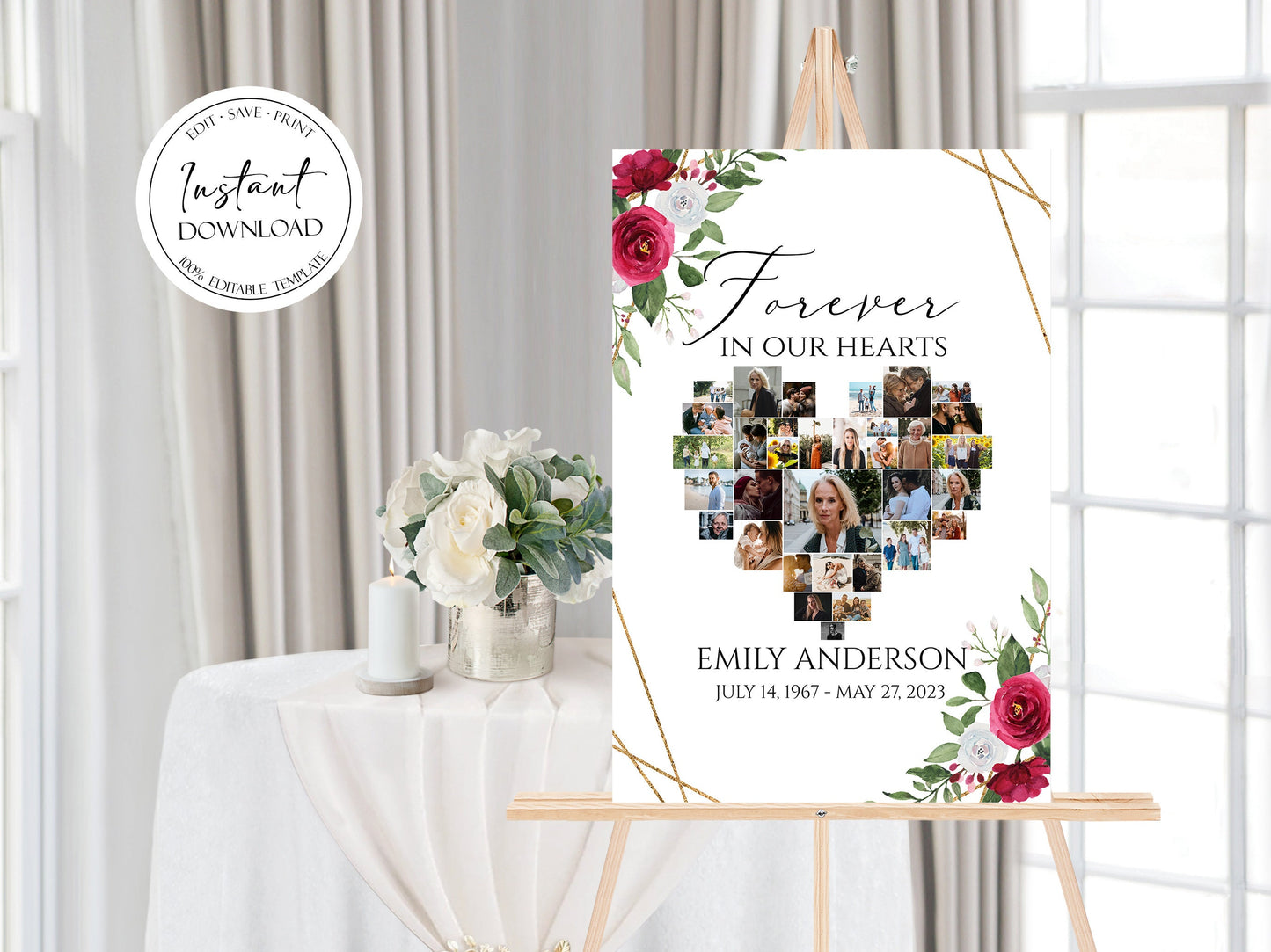 Celebration Of Life Forever in our Heart White Pink Roses Heart Photo Collage Funeral Welcome Sign Template Hearts Memorial Photo Collage Poster Memory Sign P2