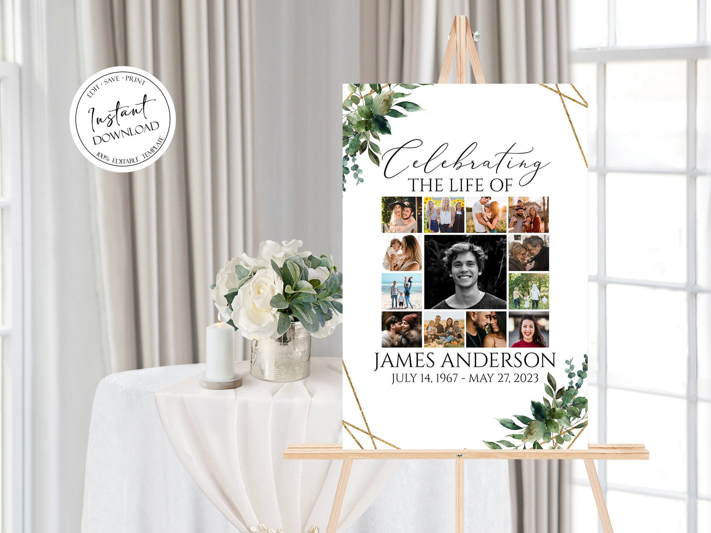 Celebration Of Life Watercolor Greenery Gold Photo Collage Funeral Welcome Sign Template, Greenery Photo Collage Funeral Poster, Photo Collage Memorial Sign Q1