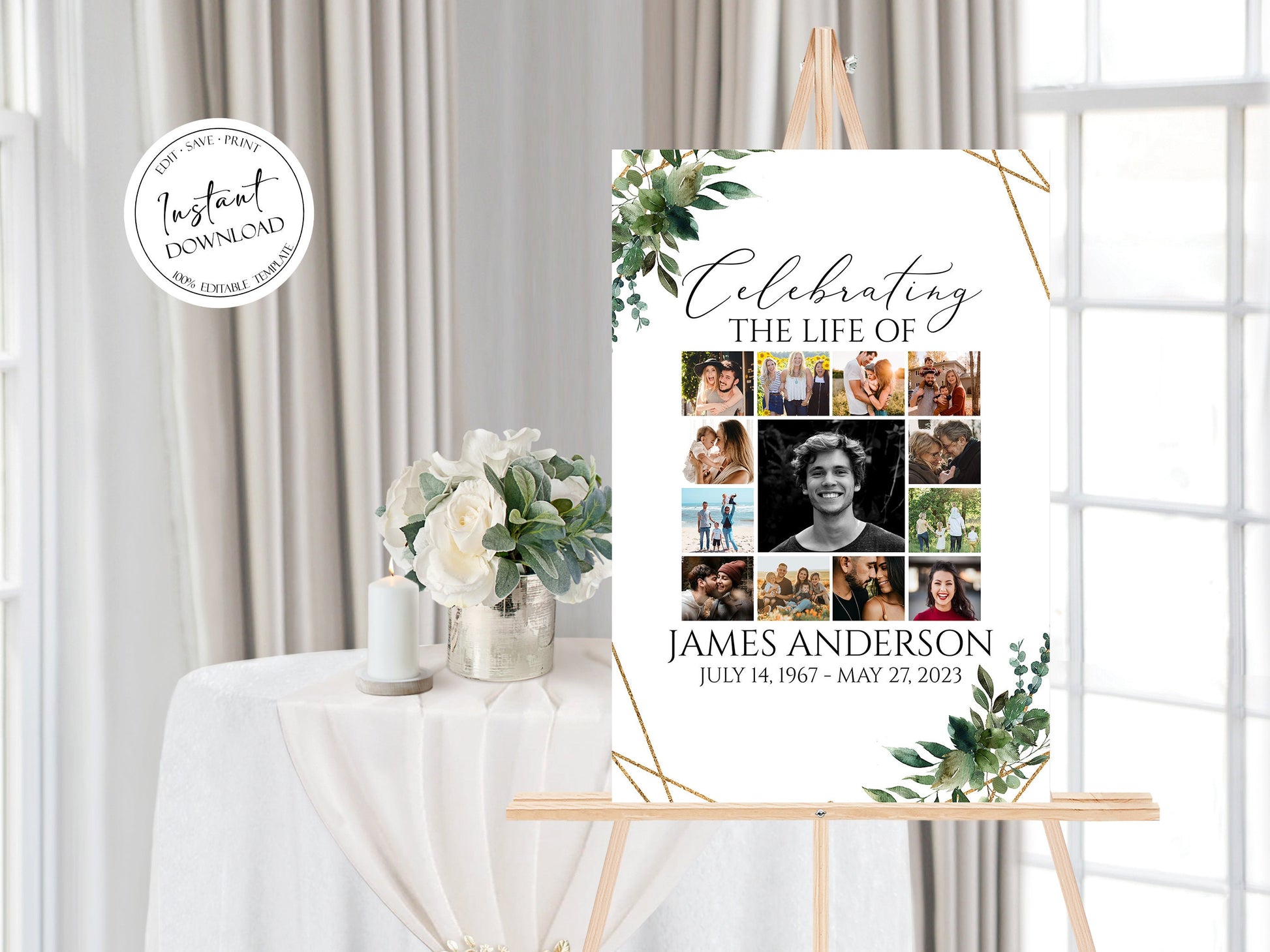 Celebration Of Life Watercolor Greenery Gold Photo Collage Funeral Welcome Sign Template, Greenery Photo Collage Funeral Poster, Photo Collage Memorial Sign Q1