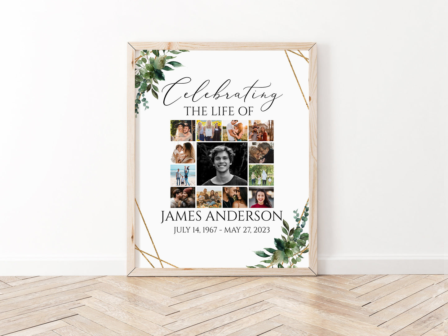 Celebration Of Life Watercolor Greenery Gold Photo Collage Funeral Welcome Sign Template, Greenery Photo Collage Funeral Poster, Photo Collage Memorial Sign Q1