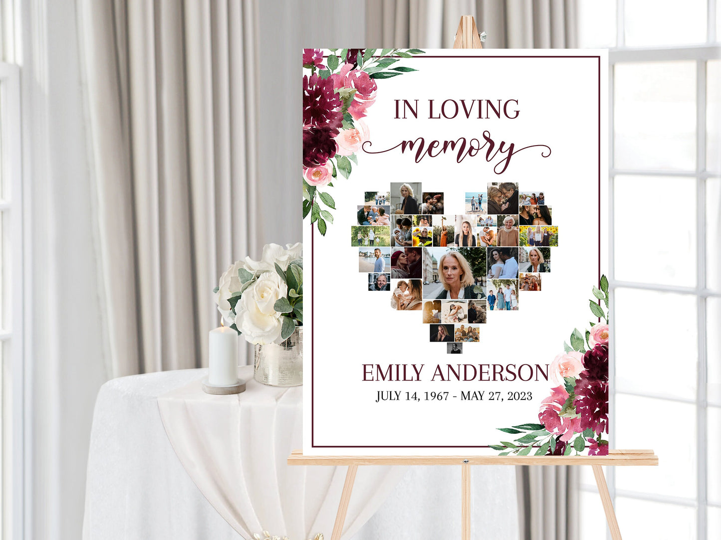 Celebration Of Life Red Roses Heart Funeral Welcome Sign, Editable Hearts Memorial Photo Collage Poster, Forever in our Heart Memory Sign R3