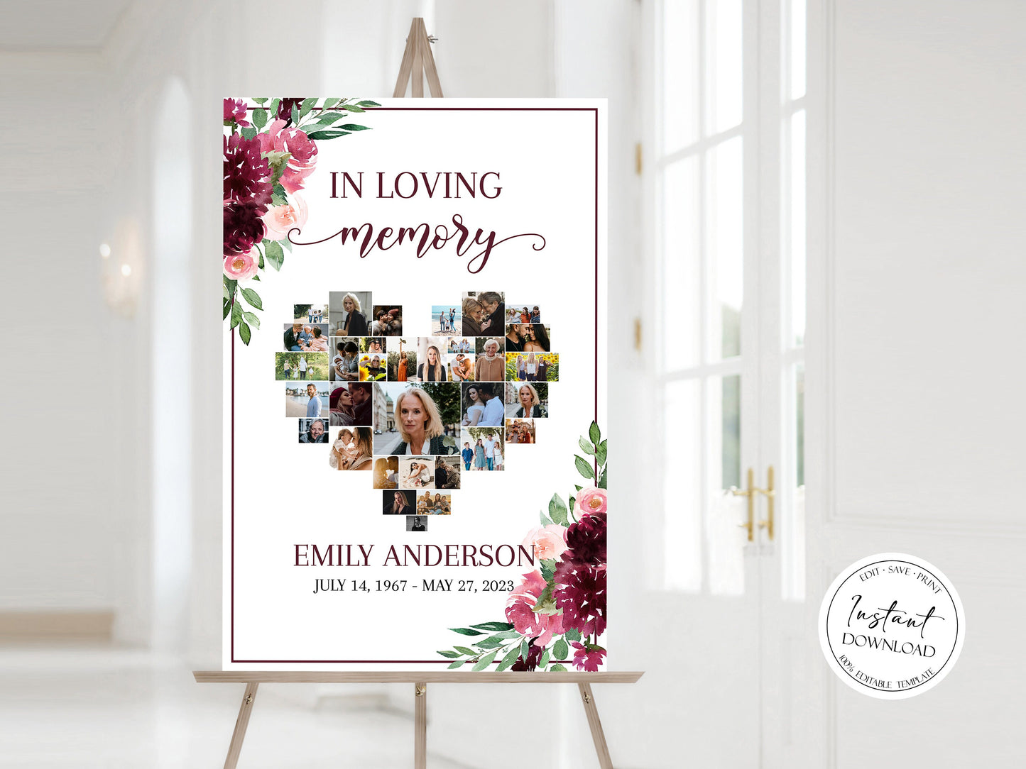 Celebration Of Life Red Roses Heart Funeral Welcome Sign, Editable Hearts Memorial Photo Collage Poster, Forever in our Heart Memory Sign R3