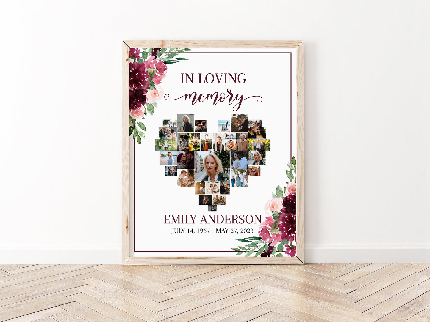 Celebration Of Life Red Roses Heart Funeral Welcome Sign, Editable Hearts Memorial Photo Collage Poster, Forever in our Heart Memory Sign R3