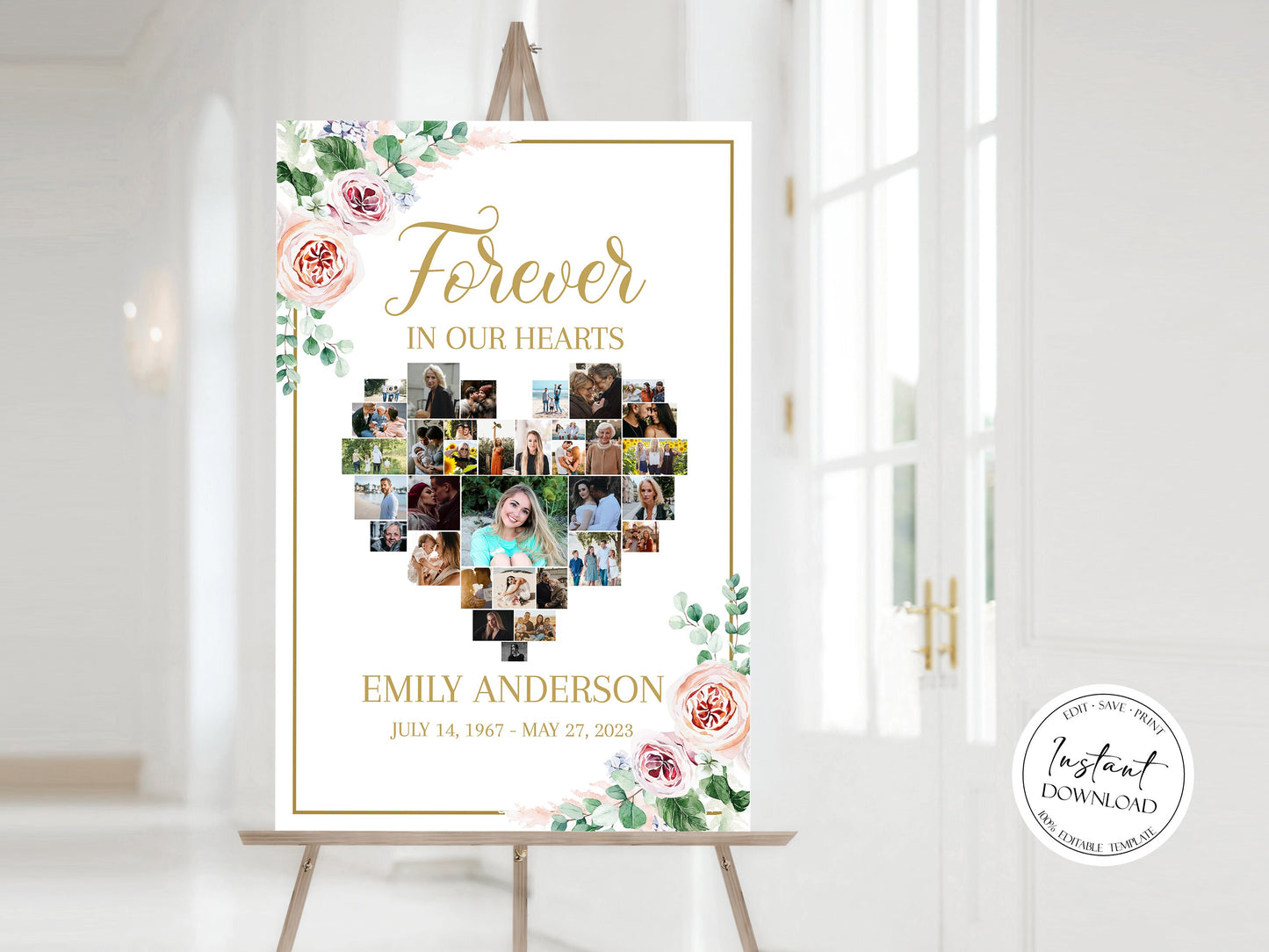 Celebration Of Life Heart Funeral Welcome Sign Editable Pink Heart Funeral Photo Collage Poster Heart Memorial Sign Forever in our Hearts F1