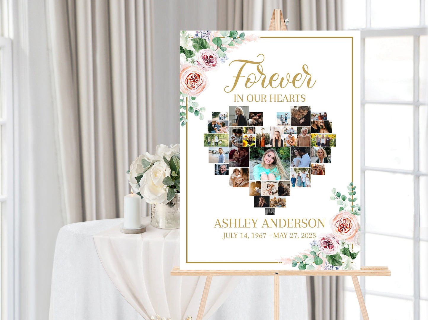 Celebration Of Life Heart Funeral Welcome Sign Editable Pink Heart Funeral Photo Collage Poster Heart Memorial Sign Forever in our Hearts F1