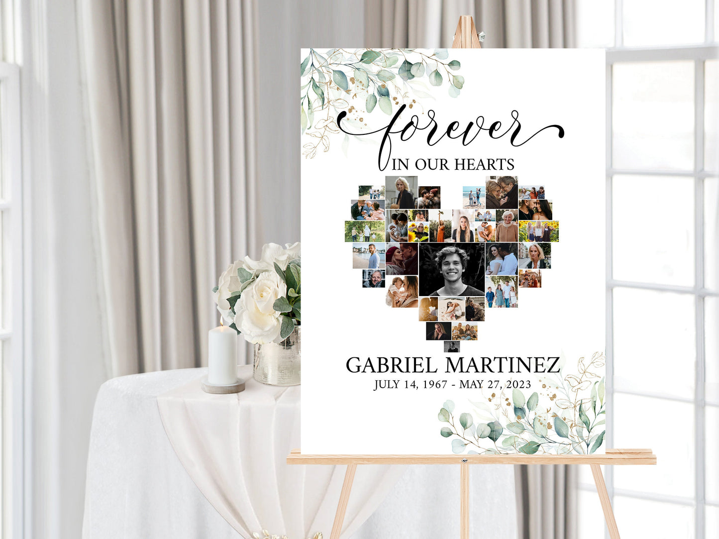 Celebration Of Life Forever in our Hearts Watercolor Greenery Gold Heart Photo Collage Funeral Welcome Sign Template, Editable Greenery Heart Funeral Photo Collage Poster, Memorial Sign G1