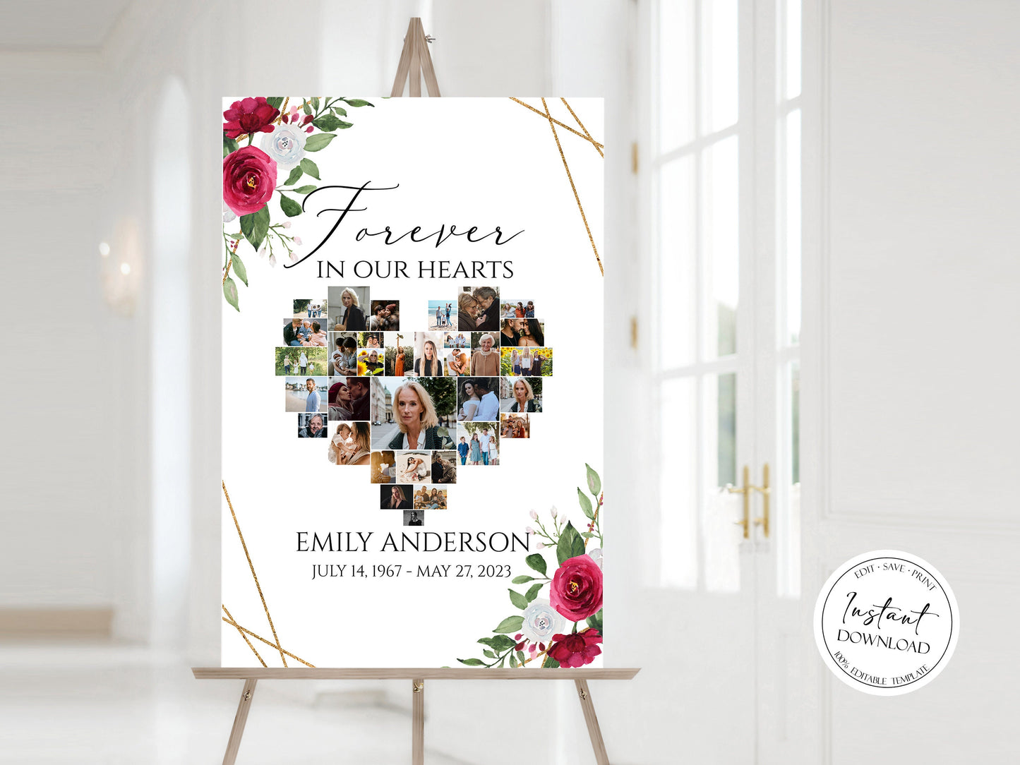Celebration Of Life Forever in our Heart White Pink Roses Heart Photo Collage Funeral Welcome Sign Template Hearts Memorial Photo Collage Poster Memory Sign P2