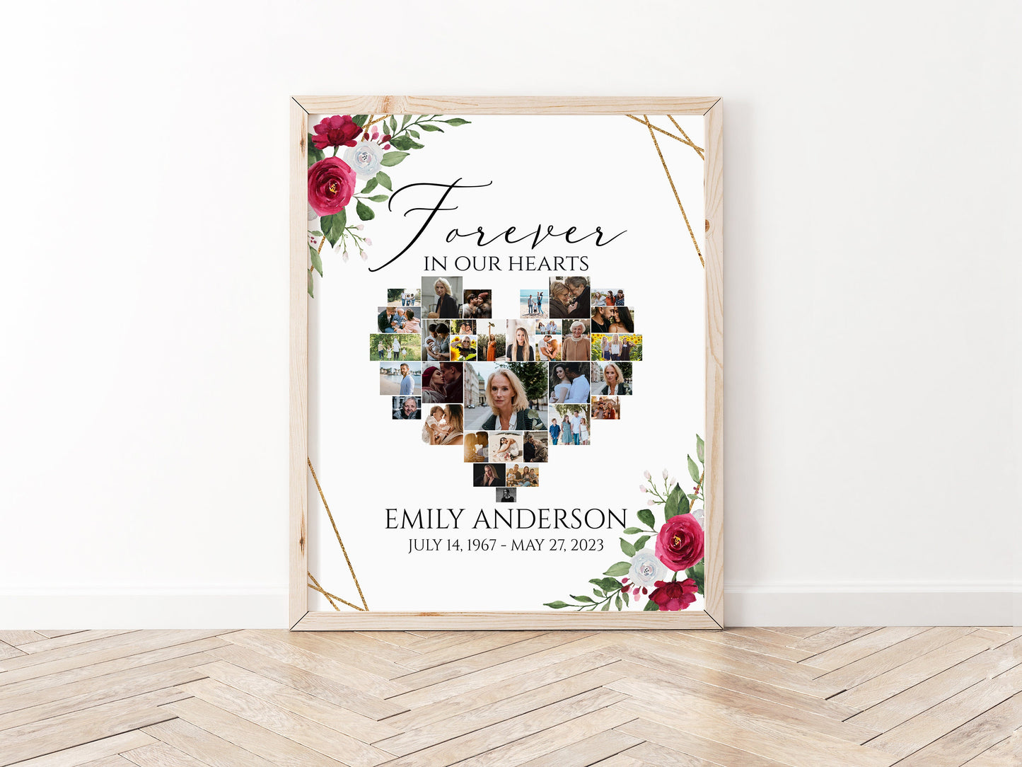 Celebration Of Life Forever in our Heart White Pink Roses Heart Photo Collage Funeral Welcome Sign Template Hearts Memorial Photo Collage Poster Memory Sign P2