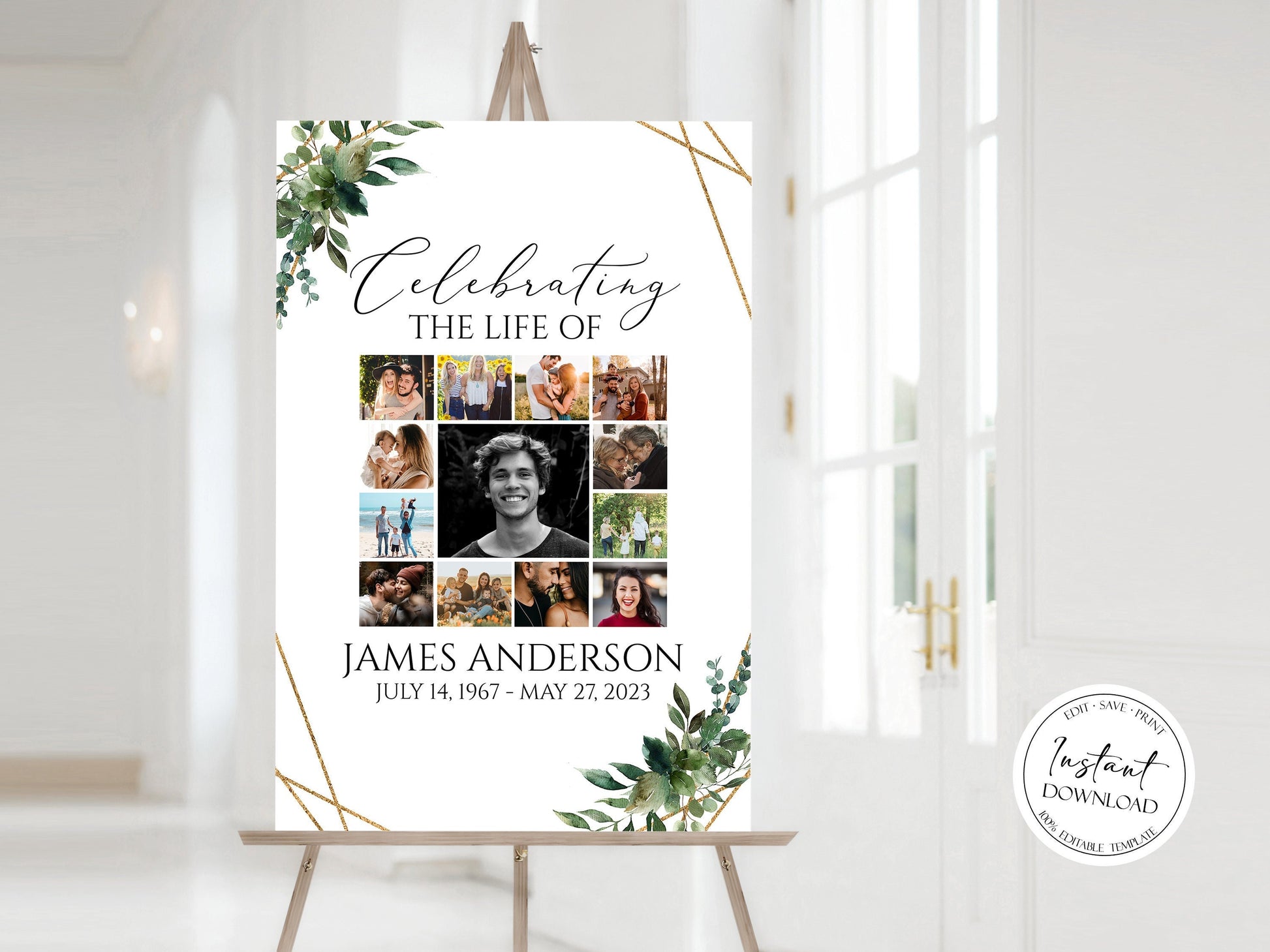 Celebration Of Life Watercolor Greenery Gold Photo Collage Funeral Welcome Sign Template, Greenery Photo Collage Funeral Poster, Photo Collage Memorial Sign Q1