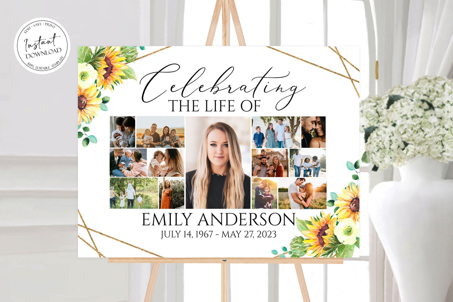 Celebration Of Life Sunflower Photo Collage Funeral Welcome Sign Template, Sunflower Photo Collage Funeral Poster, Sunflower Photo Collage Memorial Sign
