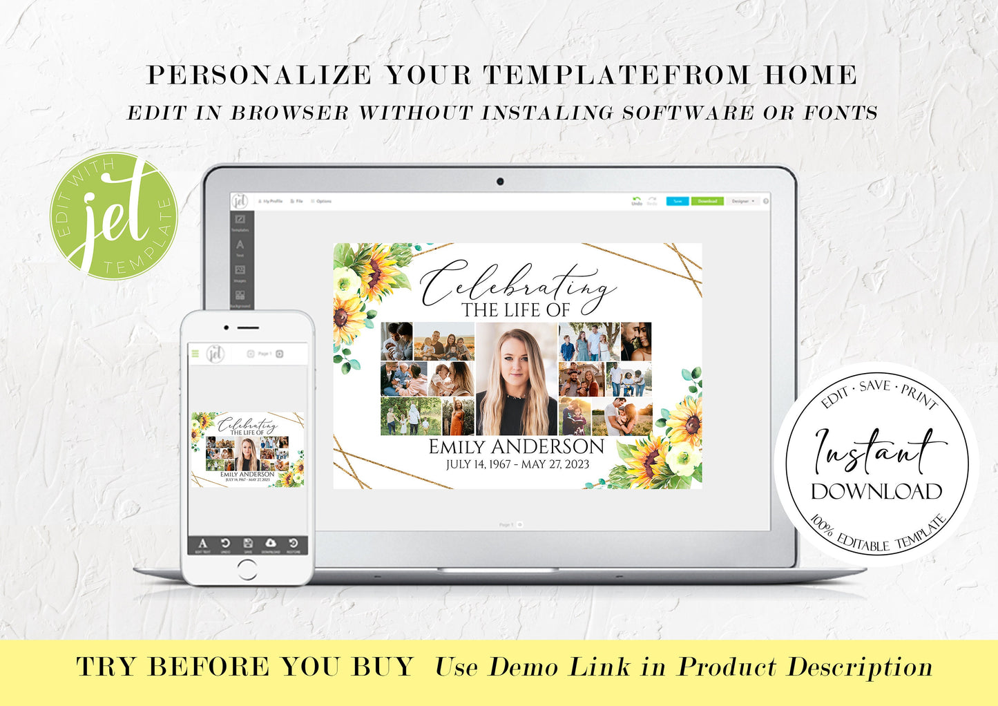 Celebration Of Life Sunflower Photo Collage Funeral Welcome Sign Template, Sunflower Photo Collage Funeral Poster, Sunflower Photo Collage Memorial Sign