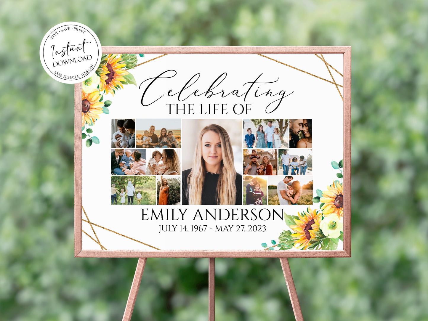 Celebration Of Life Sunflower Photo Collage Funeral Welcome Sign Template, Sunflower Photo Collage Funeral Poster, Sunflower Photo Collage Memorial Sign